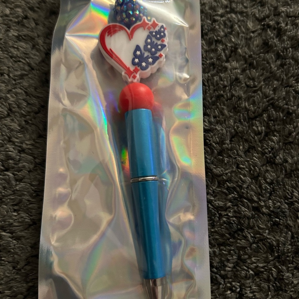 Hand Crafted Blue Ballpoint Pen with Red Heart Charm